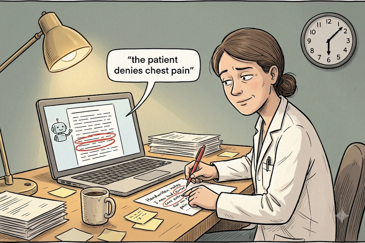 A nurse in a white coat sits at a paperwork-covered desk marking up her handwritten notes in red pen, while the laptop beside her shows an AI-written clinical note with two of its lines circled in red. A speech bubble from the screen reads "the patient denies chest pain". A wall clock behind her shows late in the day.